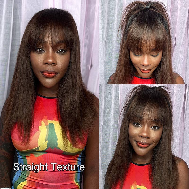 Soul Lady Ombre Curly Bob Wig with Bangs 4x4 HD Lace Wig Brown Hair with Black Roots 180 Density-model BeautyWithTy-straight hair