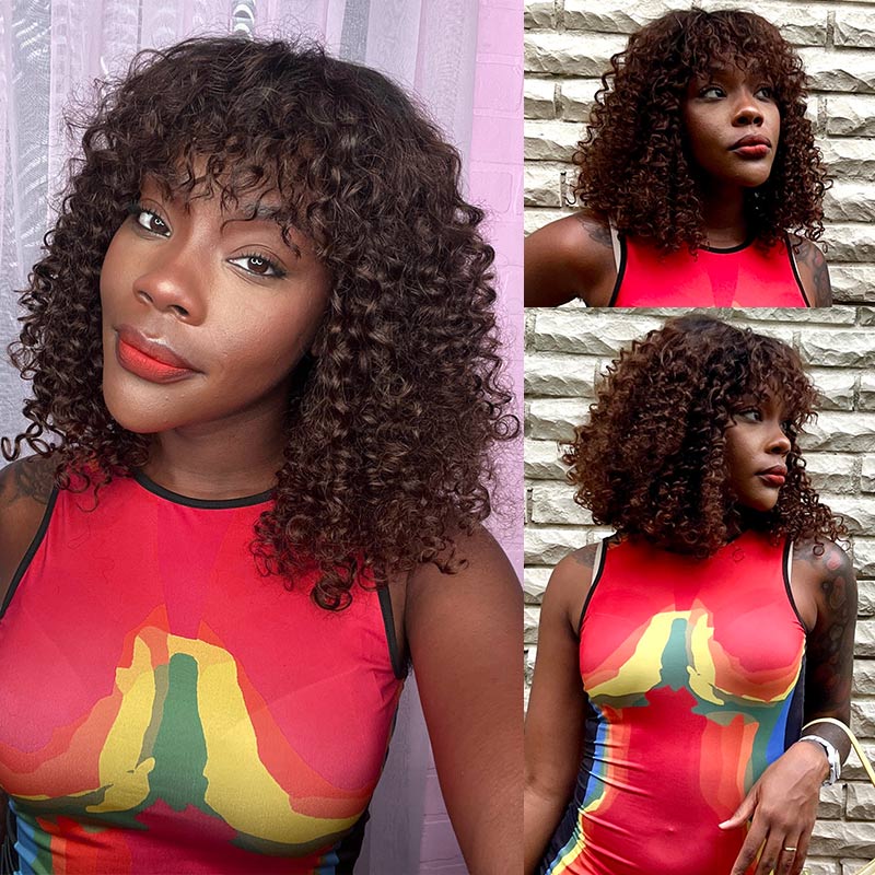 Soul Lady Ombre Curly Bob Wig with Bangs 4x4 HD Lace Wig Brown Hair with Black Roots 180 Density-model BeautyWithTy