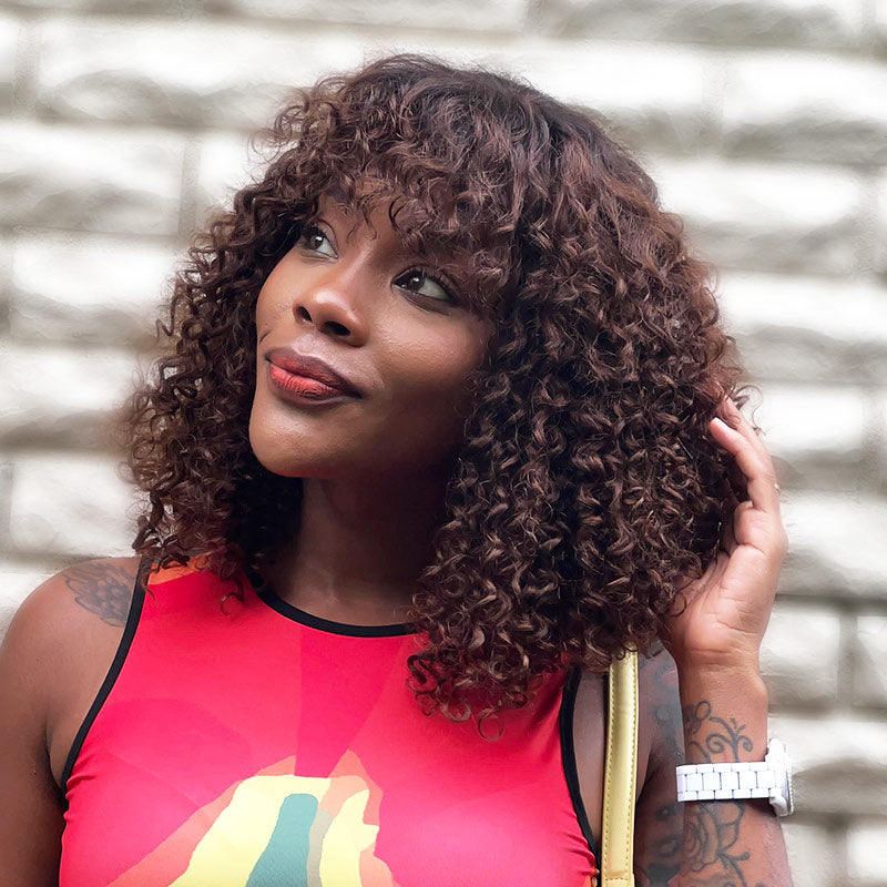 Soul Lady Ombre Curly Bob Wig with Bangs 4x4 HD Lace Wig Brown Hair with Black Roots 180 Density-model BeautyWithTy