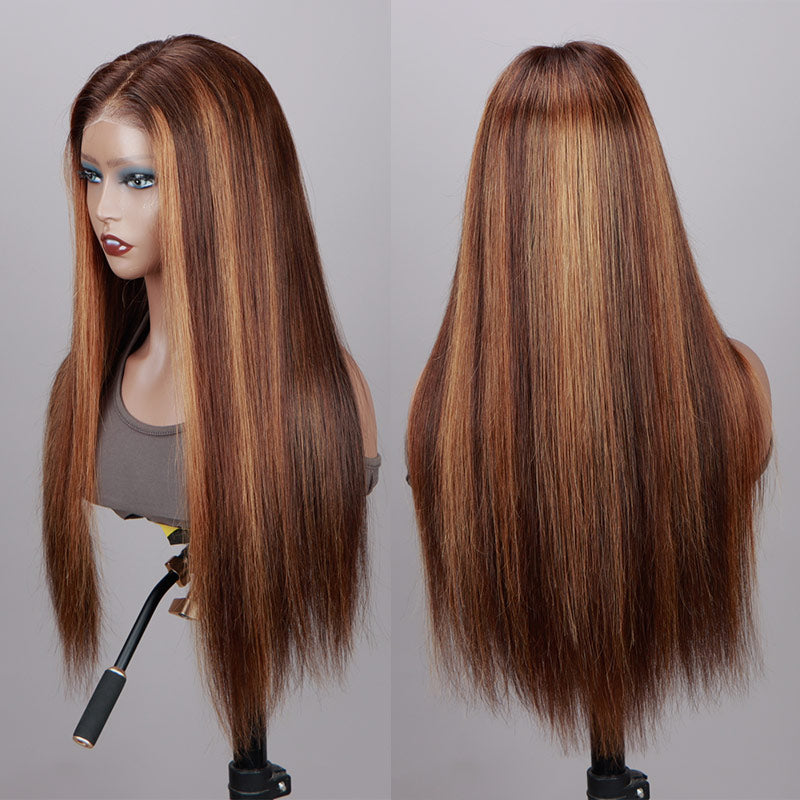 Soul Lady Golden Auburn Balayage Highlights On Brown Straight Wig Glueless 6x4 Pre Cut Lace Wig 100%  Human Hair-side show