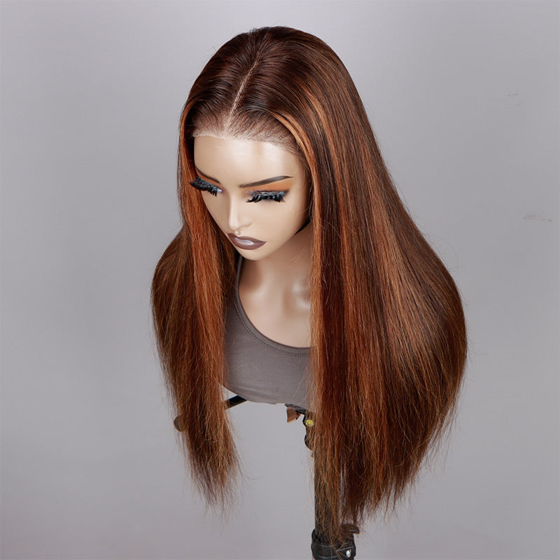 Soul Lady Golden Auburn Balayage Highlights On Brown Straight Wig Glueless 6x4 Pre Cut Lace Wig 100%  Human Hair-hairline show