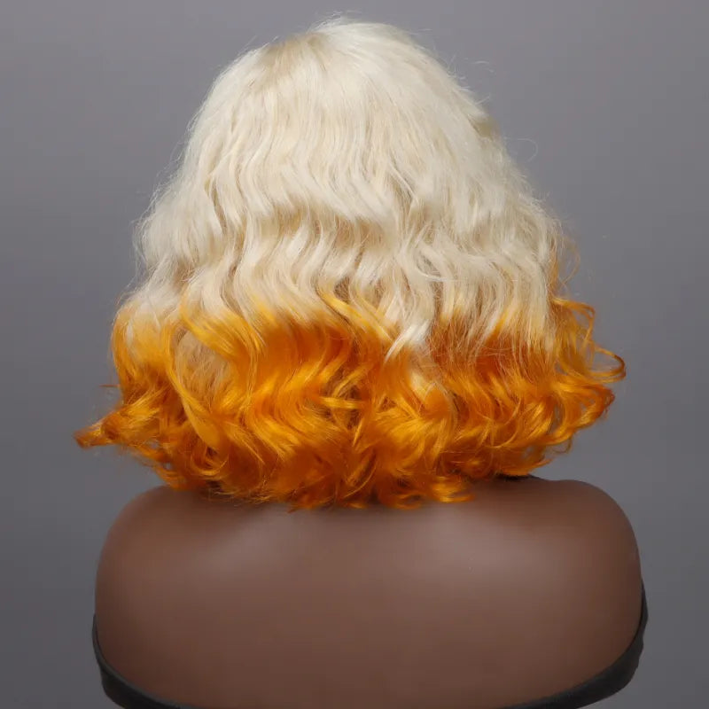 Soul Lady Blonde Color With Orange Wavy Hair Bob Wig 5x5 HD Lace Wigs 180% Density-back display