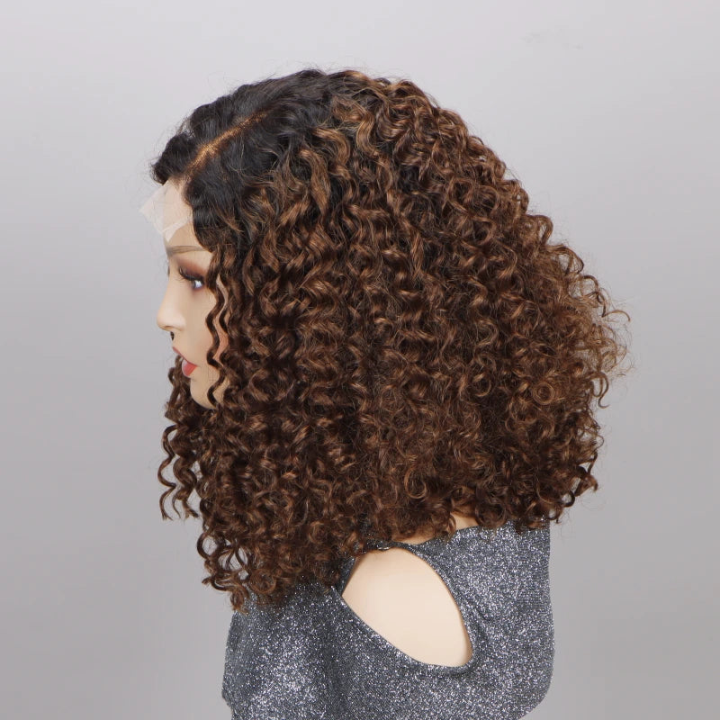 Curly Hair Wig Brown Color With Black Roots HD Front Lace Wig