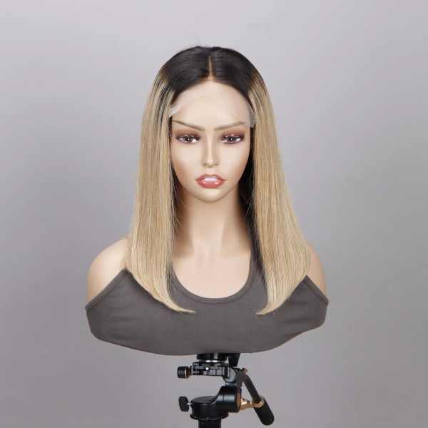 Ombre Dirty Blonde With Black Roots Straight Hair Bob Wigs Glueless 5x5