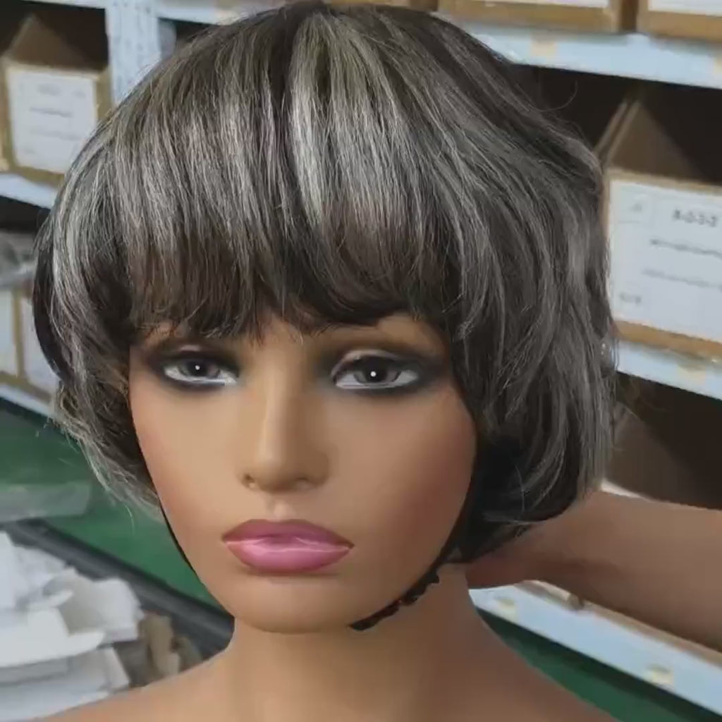 Custom Bob Wig For Mom Black And White Mix Color Short Wavy Hair Glueless Human Wigs With Bangs