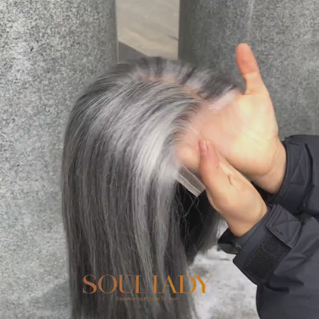 Soul Lady Salt And Pepper Wig For Seniors Straight Bob More Grey Real Human Hair 5x5 HD Lace Wigs For Women Over 50-video