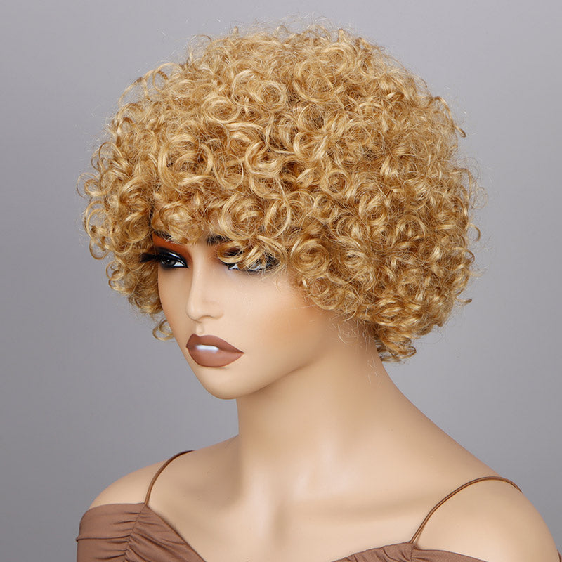Soul Lady Short Afro Wigs Golden Blonde Boom Bouncy Curly Wig Real Human Hair Glueless Wear And Go Wigs-side front