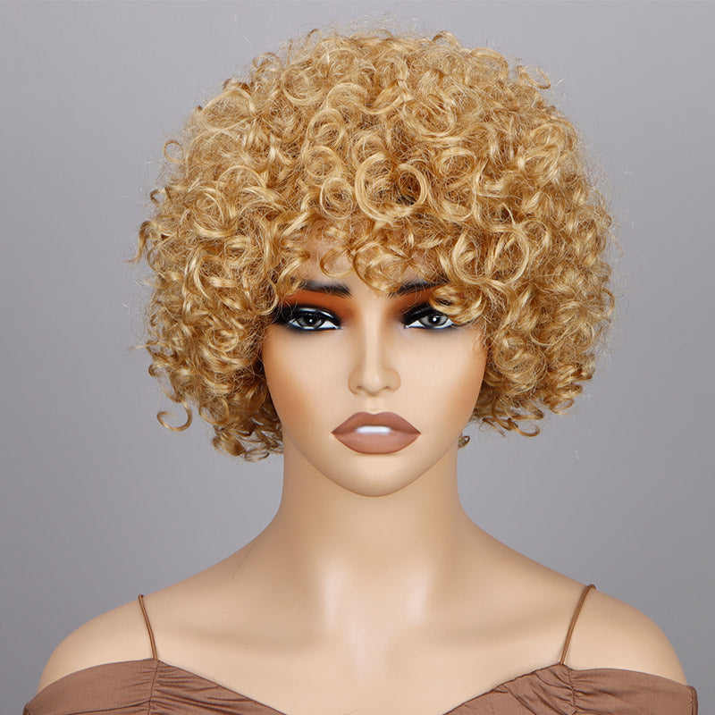 Soul Lady Short Afro Wigs Golden Blonde Boom Bouncy Curly Wig Real Human Hair Glueless Wear And Go Wigs-front