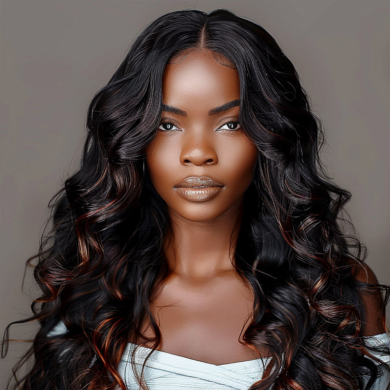 Soul Lady Red Copper Peekaboo Highlight Wig Long Body Wave Hair Glueless 6x4 Pre-cut Lace Wig With Bleached Knots