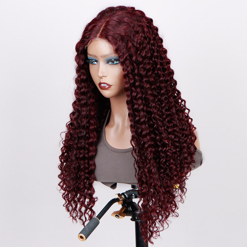 Soul Lady 99J Dark Burgundy Jerry Curly Wig Long Human Hair 5x5 HD Lace Middle Part Wigs-side front show