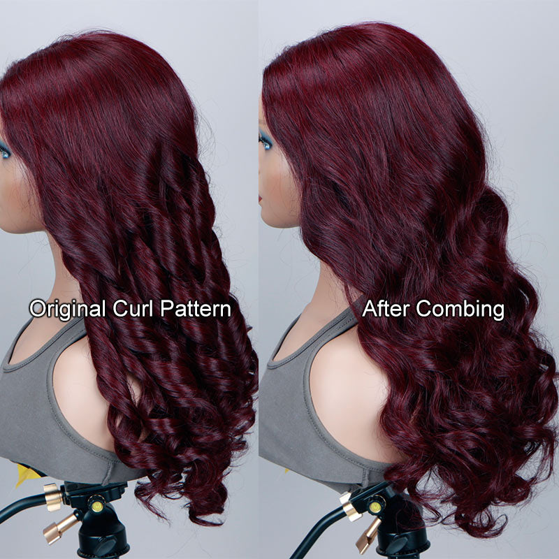 Soul Lady Body Wave 99J Dark Burgundy Wig Long Human Hair 5x5 HD Lace Wigs Middle Part-curl pattern