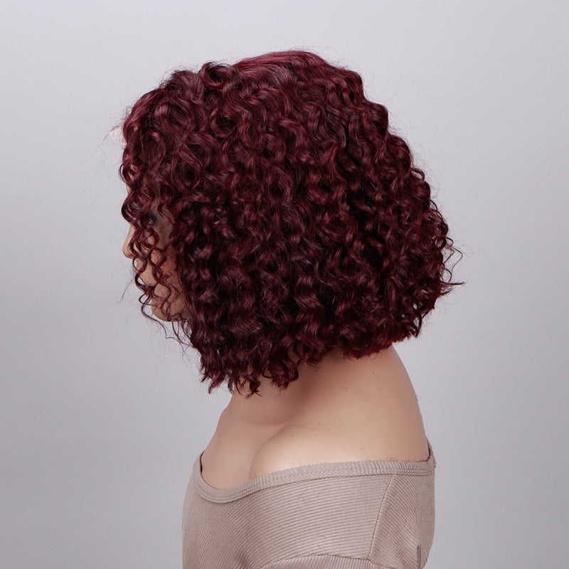 Soul Lady 99j Dark Burgundy Water Wave Curly Bob 5x5 HD Lace Glueless Human Hair Wigs Side C-Part-side show