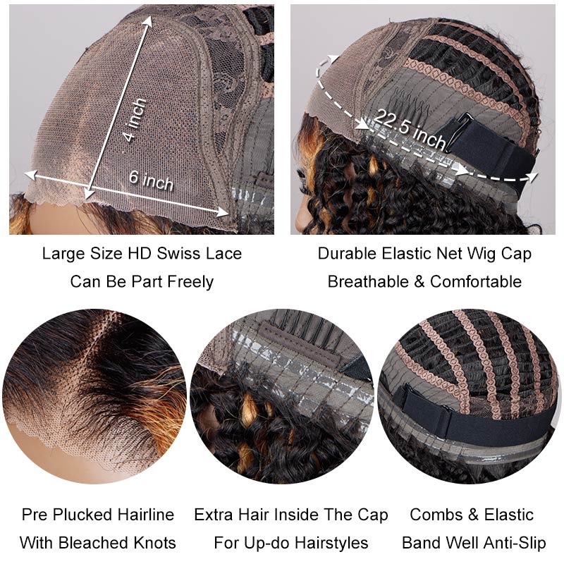 Soul Lady Ready To Go 6x4 Pre Cut Lace Glueless Wig Golden Blonde Highlights On Dark Kinky Curly Human Hair-cap details