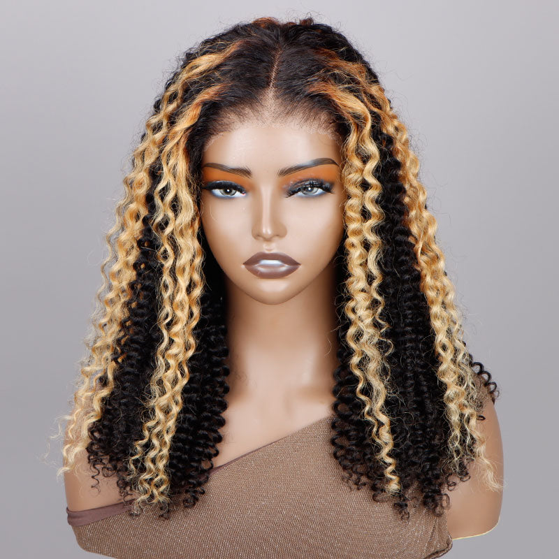 Soul Lady Ready To Go 6x4 Pre Cut Lace Glueless Wig Golden Blonde Highlights On Dark Kinky Curly Human Hair-front show