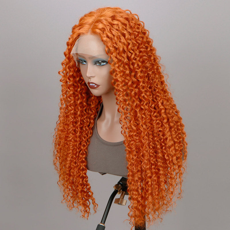 Soul Lady #350 Ginger Orange Jerry Curly Human Hair 13x4 HD Lace Full Frontal Wig With Perfect Bleached Knots-side front