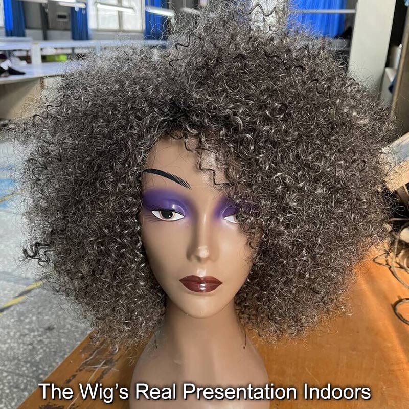 Soul Lady Silver Grey Wig For Seniors Beginner Friendly Salt and Pepper Color Afro Kinky Curly Human Hair Wear and Go Wig for women over 60-in doors