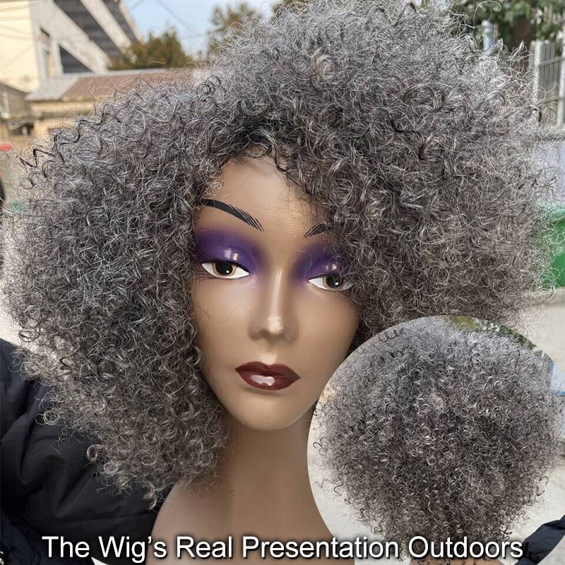 Soul Lady Silver Grey Wig For Seniors Beginner Friendly Salt and Pepper Color Afro Kinky Curly Human Hair Wear and Go Wig for women over 60-outside the door