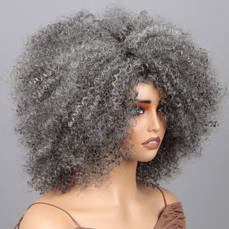 Soul Lady Silver Grey Wig For Seniors Beginner Friendly Salt and Pepper Color Afro Kinky Curly Human Hair Wear and Go Wig for women over 60