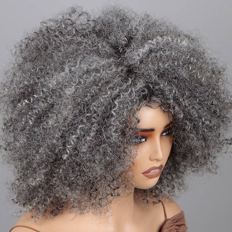 Soul Lady Silver Grey Wig For Seniors Beginner Friendly Salt and Pepper Color Afro Kinky Curly Human Hair Wear and Go Wig for women over 60- parting show
