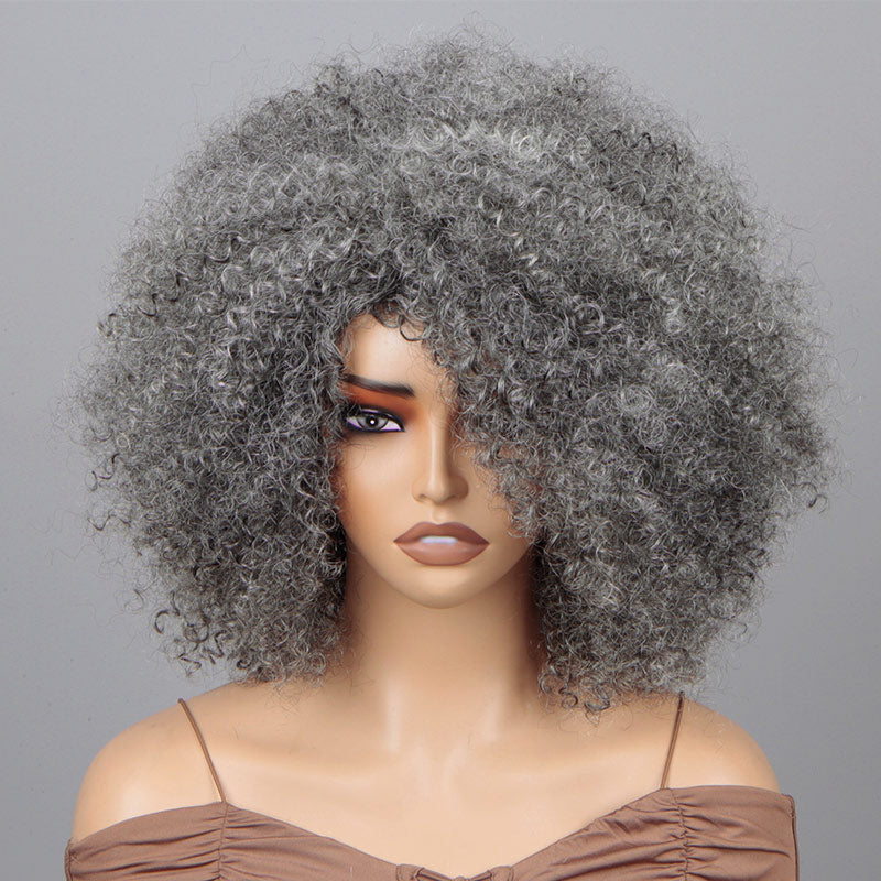 Soul Lady Silver Grey Wig For Seniors Beginner Friendly Salt and Pepper Color Afro Kinky Curly Human Hair Wear and Go Wig