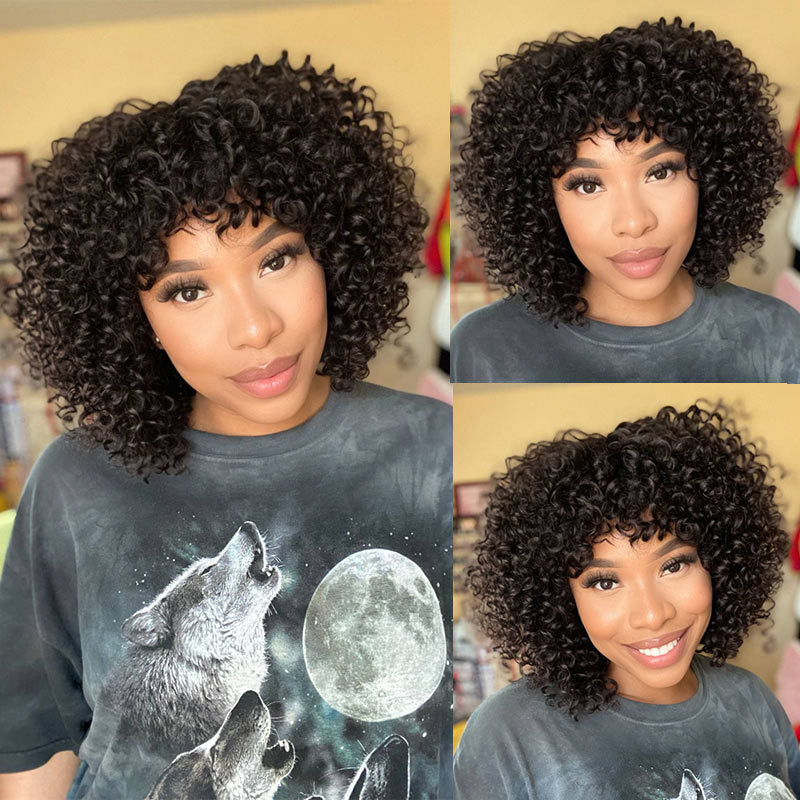 Curly Bob Wig With Bangs Quick Wear And Go Glueless Human Hair Wigs 180% Density