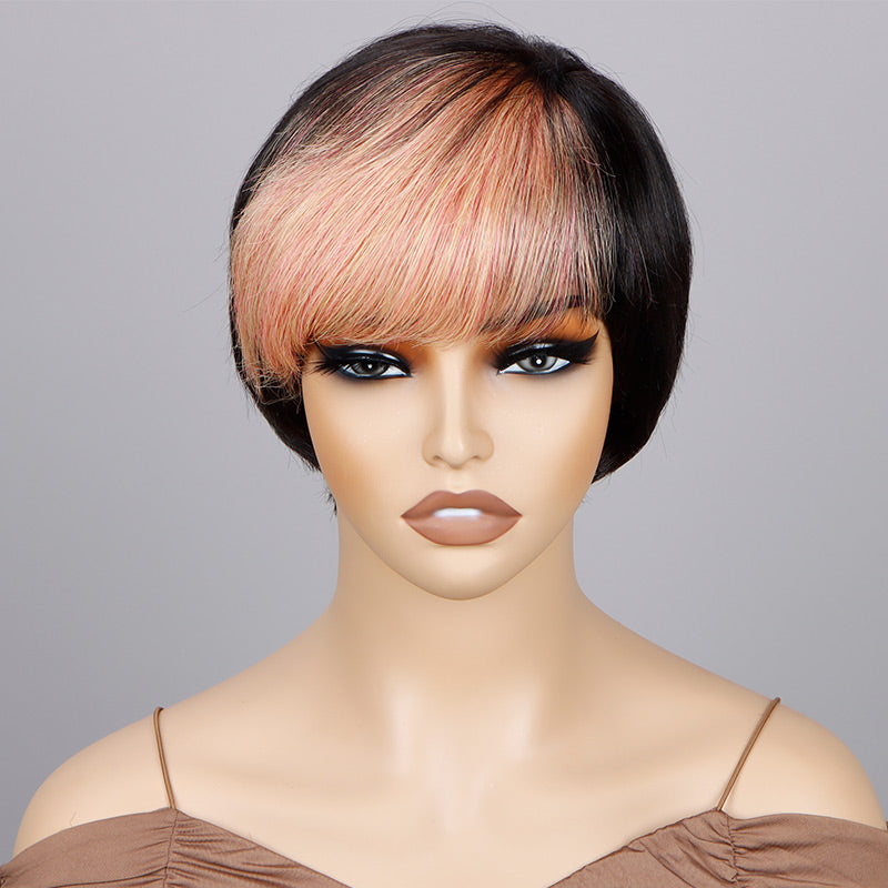 Custom Light Orange Pink Wig Short Straight Edgy Pixie Haircut With Two-Toned Layers Human Hair Wear And Go Glueless Wig