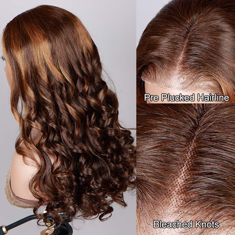 Soul Lady Caramel Brown Balayage Highlights On Brown Wig Loose Wave Human Hair 6x4 Pre Cut Lace Glueless Wig-hairline show