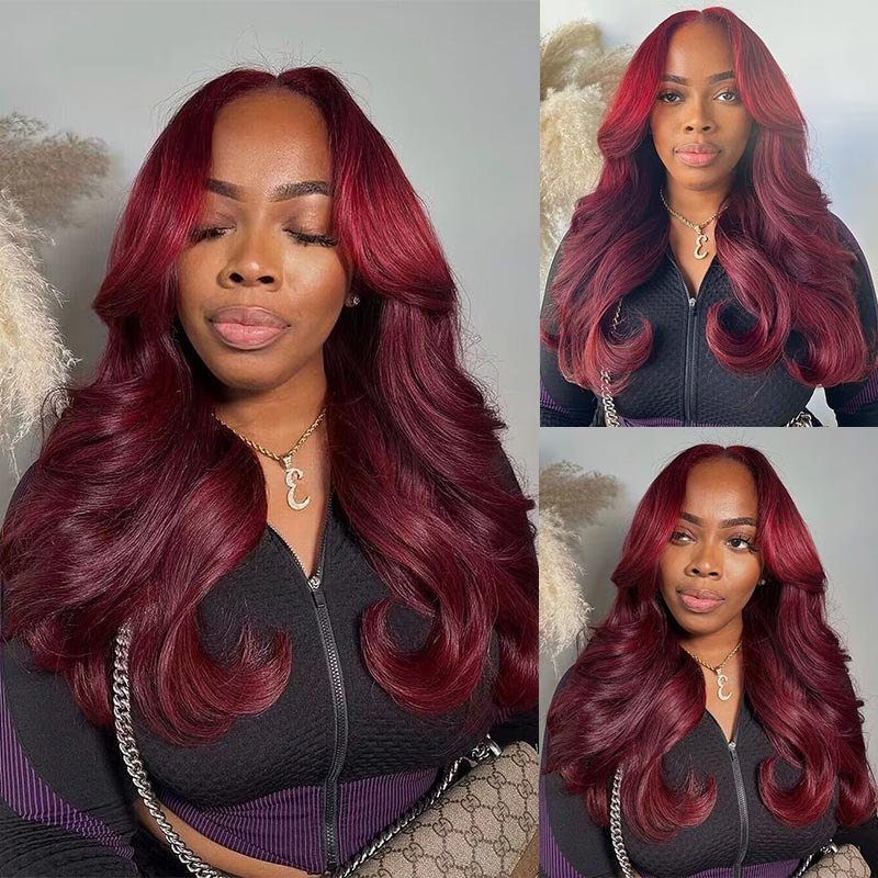 Soul Lady Dark Burgundy Highlights Long Loose Wave Human Hair 6x4 Pre Cut HD Lace Glueless Wigs
