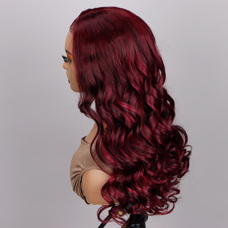 Soul Lady Dark Burgundy Highlights Long Body Wave Human Hair 6x4 Pre Cut HD Lace Glueless Wigs-side show