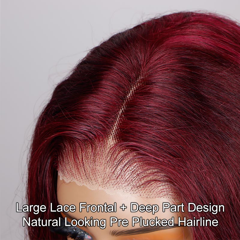 Soul Lady Dark Burgundy Highlights Long Body Wave Human Hair 6x4 Pre Cut HD Lace Glueless Wigs-hairline show