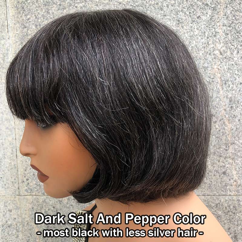 Soul Lady Trendy Dark Salt and Pepper Natural Straight Bob Wear Go Glueless Human Hair Wigs With Bangs For Women Over 50-dark salt and pepper color hair 