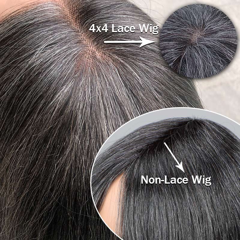 Soul Lady Trendy Dark Salt and Pepper Natural Straight Bob Wear Go Glueless Human Hair Wigs With Bangs For Women Over 50-lace closure wig with non-lace wig  difference
