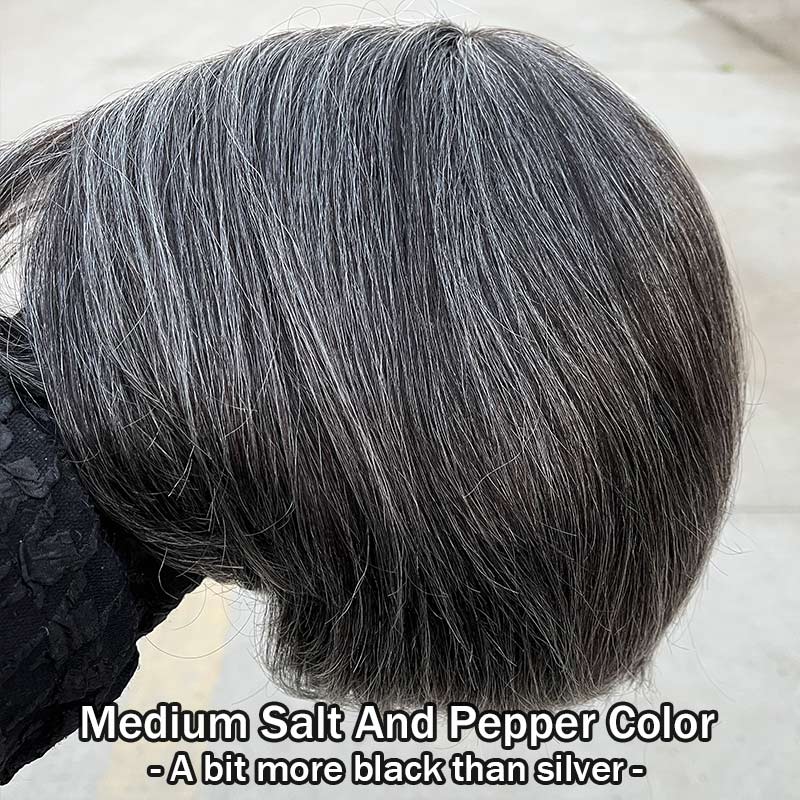 Soul Lady Trendy Dark Salt and Pepper Natural Straight Bob Wear Go Glueless Human Hair Wigs With Bangs For Women Over 50-medium salt and pepper color