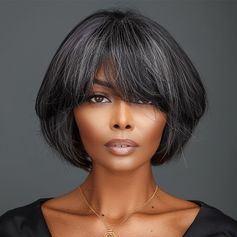 Soul Lady Trendy Dark Salt and Pepper Natural Straight Bob Wear Go Glueless Human Hair Wigs With Bangs For Women Over 50