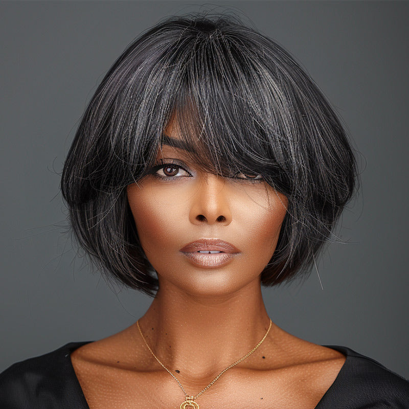 Trendy Dark Salt And Pepper Natural Straight Bob Wear Go Glueless Human 