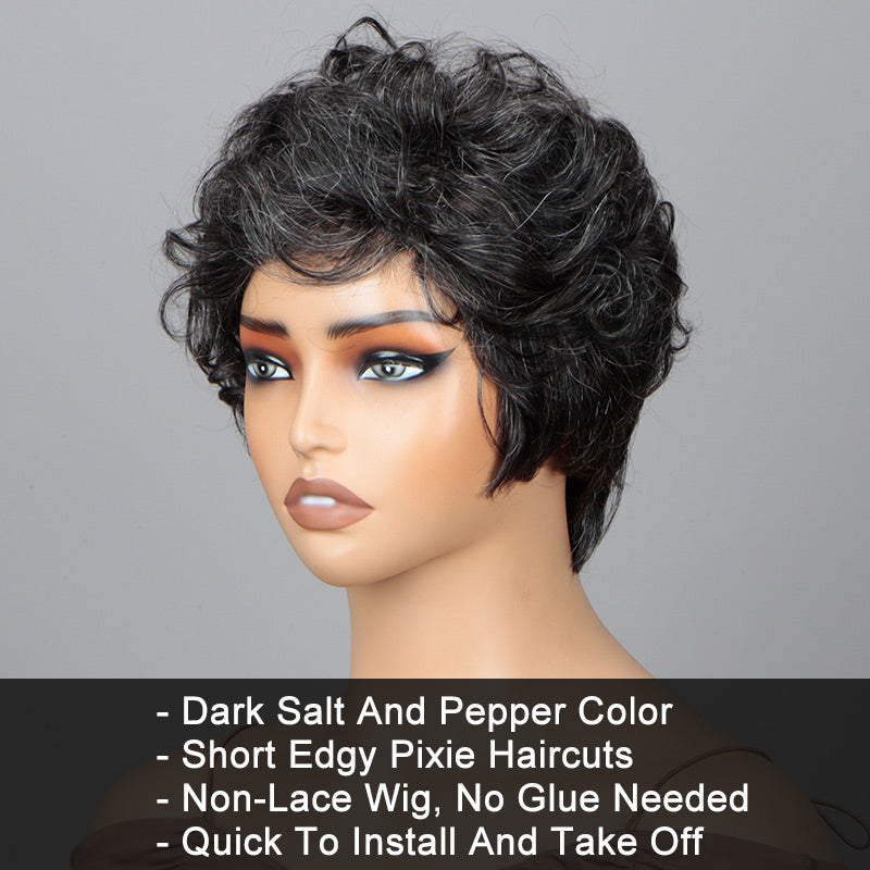 Short Dark Salt & Pepper Water Wave Edgy Pixie Cuts Wig Glueless Human Hair Wigs For Older Women OVER 50