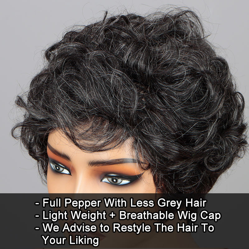 Short Dark Salt & Pepper Water Wave Edgy Pixie Cuts Wig Glueless Human Hair Wigs For Older Women OVER 50