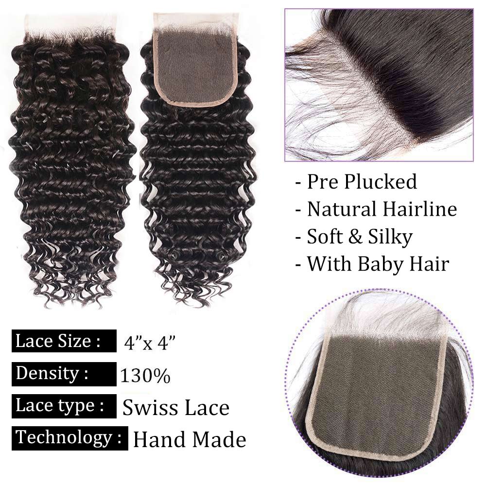 Soul Lady Top Grade Deep Wave Hair 3 Bundles With 4x4 Lace Closure Brazilian Human Hair Weave-closure details