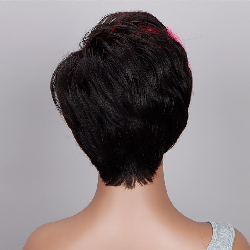Custom Wig Two-Toned Pixie Haircut With Pink Layers Human Hair Wear And Go Glueless Non-Lace Wig-black look