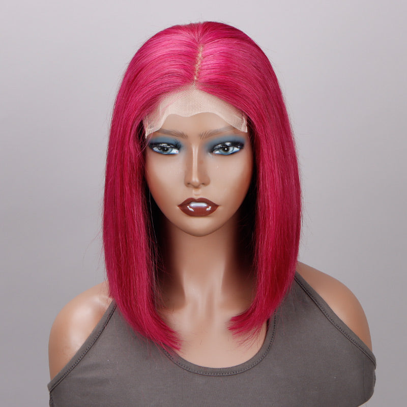 Soul Lady Magenta Hair Lob Silky Straight Human Hair 5x5 HD Lace Closure Bob Wigs Middle Part-front