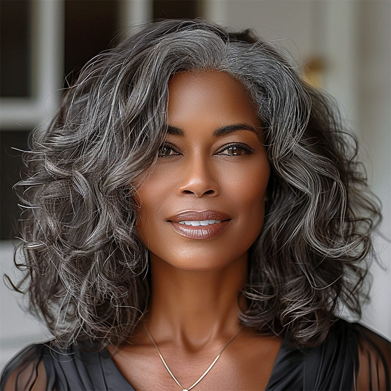 Seniors Grey Wig Salt and Pepper Loose Wave Bob Real Human Hair WearGo 4x4 HD Lace Wigs For Mom