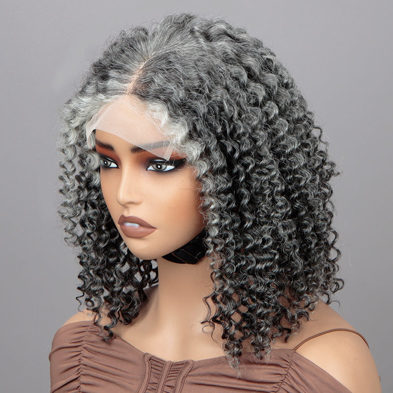 Soul Lady Dark Grey Wig For Seniors Salt And Pepper Color Kinky Curly Human Hair 5x5 HD Lace Bob Wigs-side front