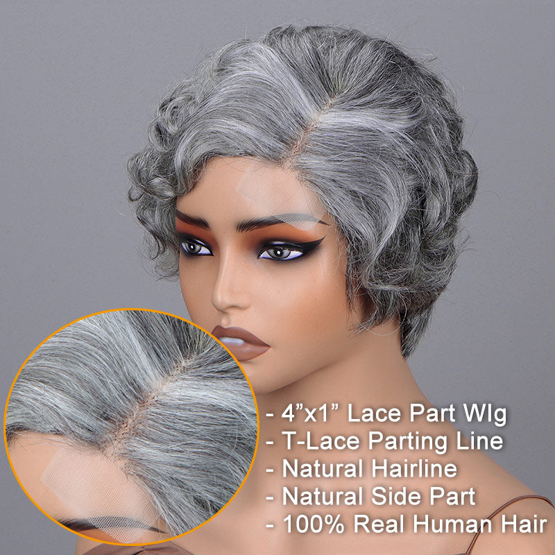 Soul Lady Seniors Short Salt & Pepper Wig Natural Wave Glueless Human Hair Gray Wigs Edgy Pixie Haircuts For Older Women -side front show