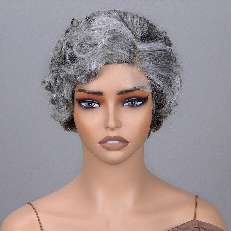 Soul Lady Seniors Short Salt & Pepper Wig Natural Wave Glueless Human Hair Gray Wigs Edgy Pixie Haircuts For Older Women