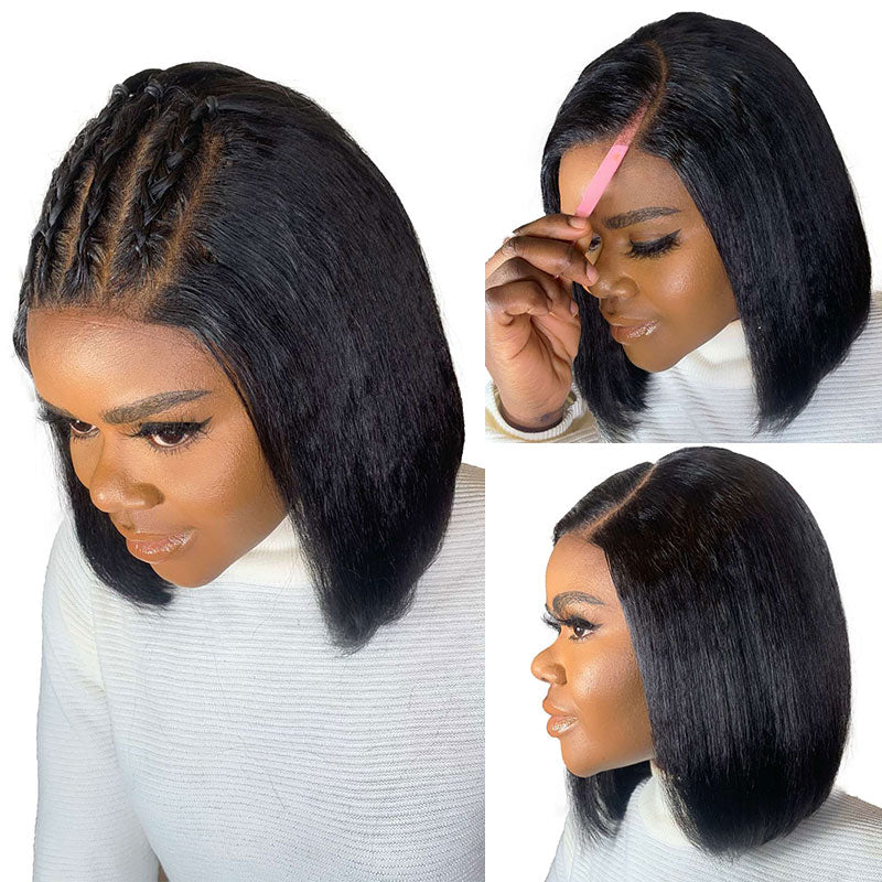 SoulLady Kinky Straight Bob Wig with 4C Edge Hairline Side Part 5x5 HD Lace Closure Yaki Human Hair Wigs