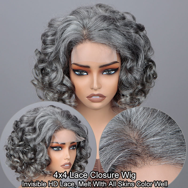 Soul Lady Silver Fox Loose Wave Bob Salt & Pepper Human Hair 4x4 Lace Wigs For Women Over 60-real wig show