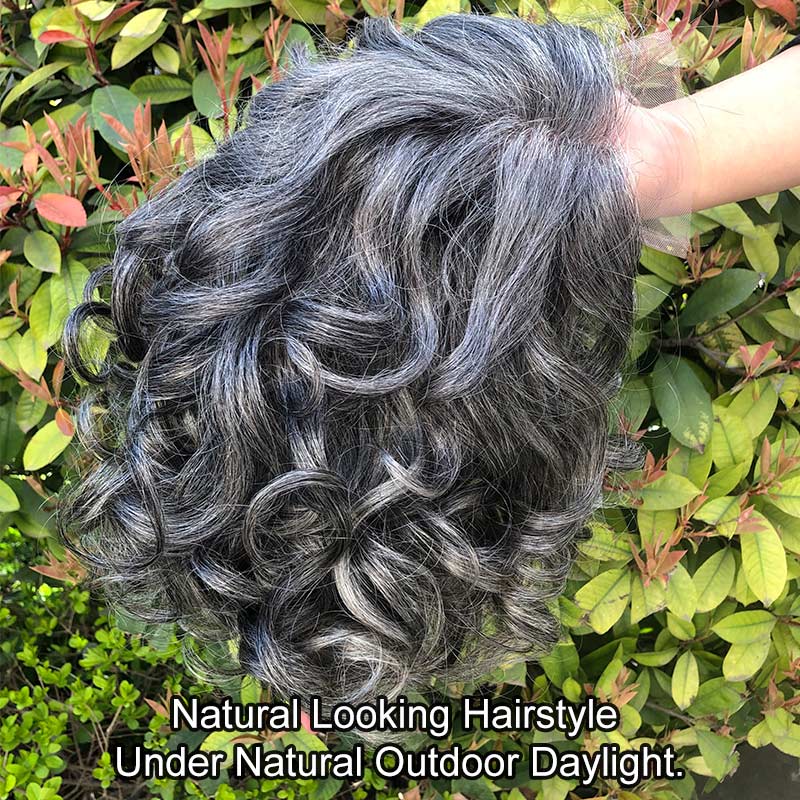 Soul Lady Silver Fox Loose Wave Bob Salt & Pepper Human Hair 4x4 Lace Wigs For Women Over 60-outdoors