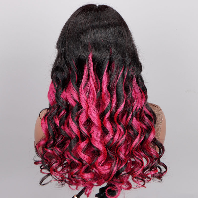 Soul Lady Magenta Red Peekaboo Balayage Highlight Wig Long Loose Wave Human Hair Glueless 6x4 Pre Cut Pre Bleached Lace Wig-back look