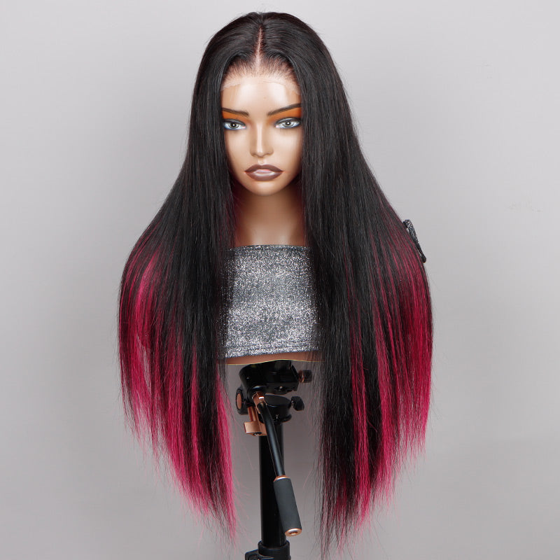 Soul Lady Magenta Red Peekaboo Highlight Wig Long Straight Human Hair Glueless 6x4 Pre Cut Lace Wig-front show