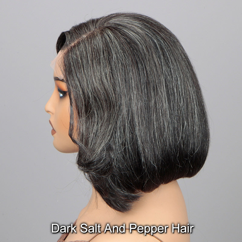 Soul Lady Dark Salt & Pepper Wig Natural Wavy Bob Real Human Hair Glueless 4x4 Lace Wigs For Women Over 50